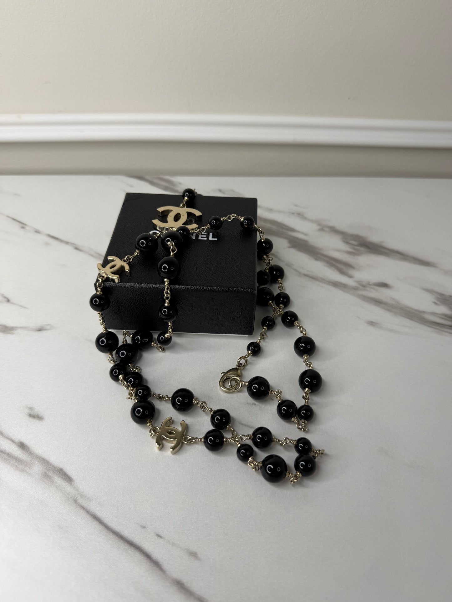 Chanel CC logo long necklaces GHW and black beads