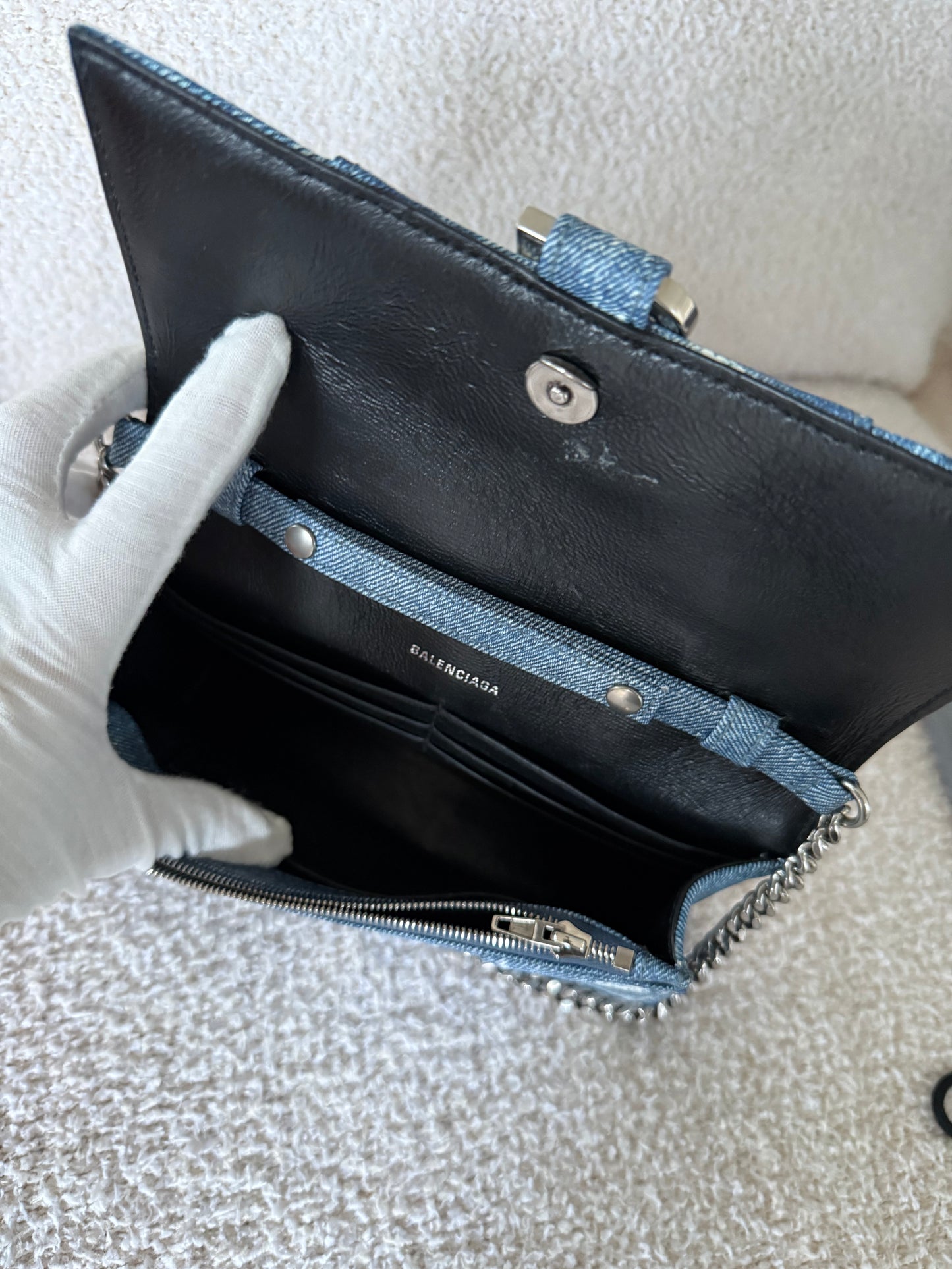 Balenciaga Hourglass Chain Wallet in blue denim printed leather bag