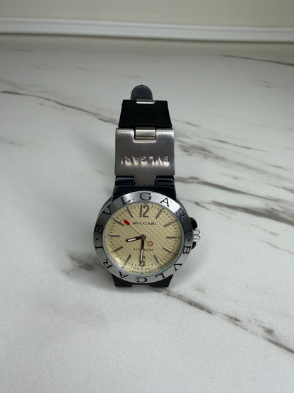 Bvlgari Diagono Titanium Automatic Watch with a cream dial and black rubber strap.