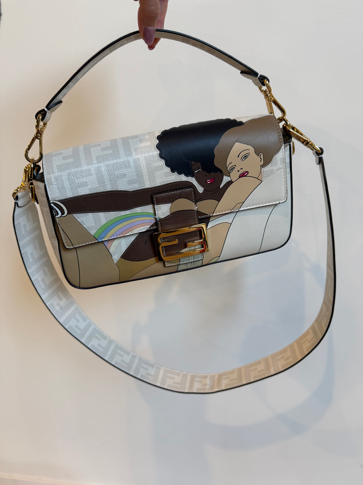Fendi White FF Glazed Coated Canvas and Leather Baguette bag