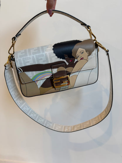 Fendi White FF Glazed Coated Canvas and Leather Baguette bag