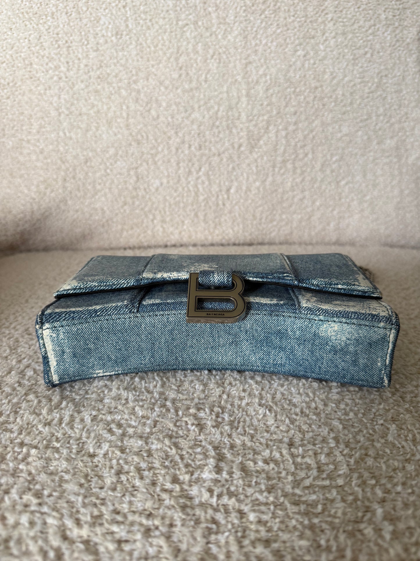 Balenciaga Hourglass Chain Wallet in blue denim printed leather bag