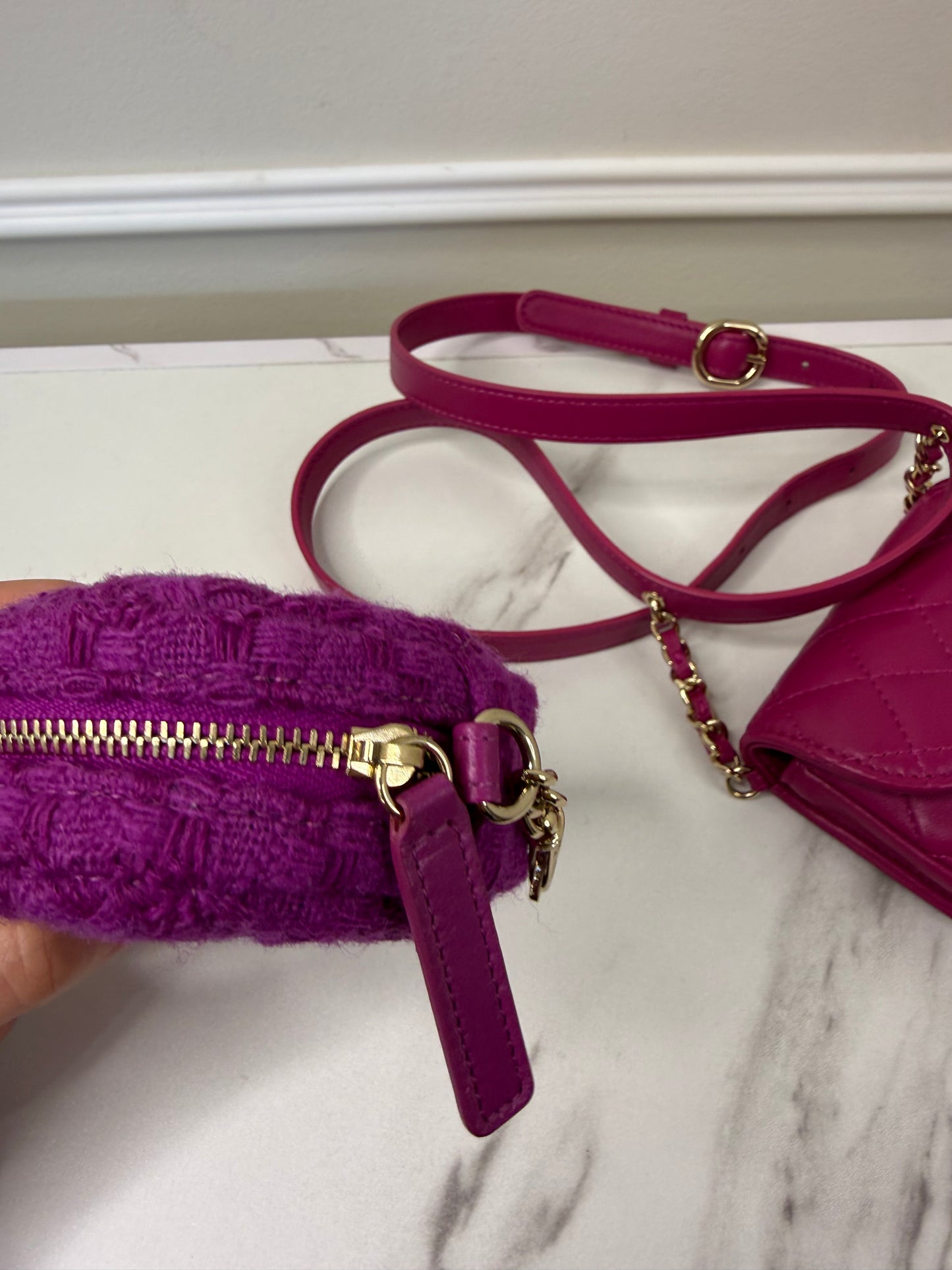 Chanel Magenta Quilted Lambskin and Tweed Mini Waist Bag and Coin Purse Set
