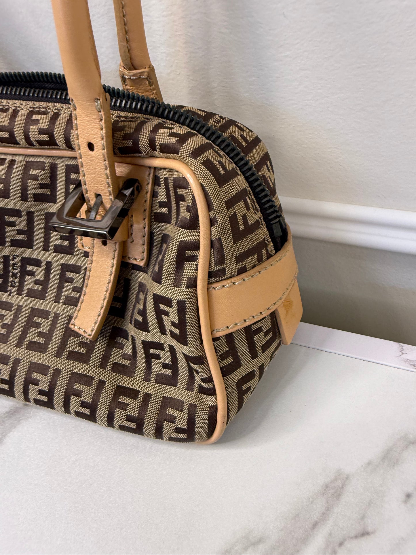 Fendi vintage Zucchino canvas and leather trim mini Boston bag
