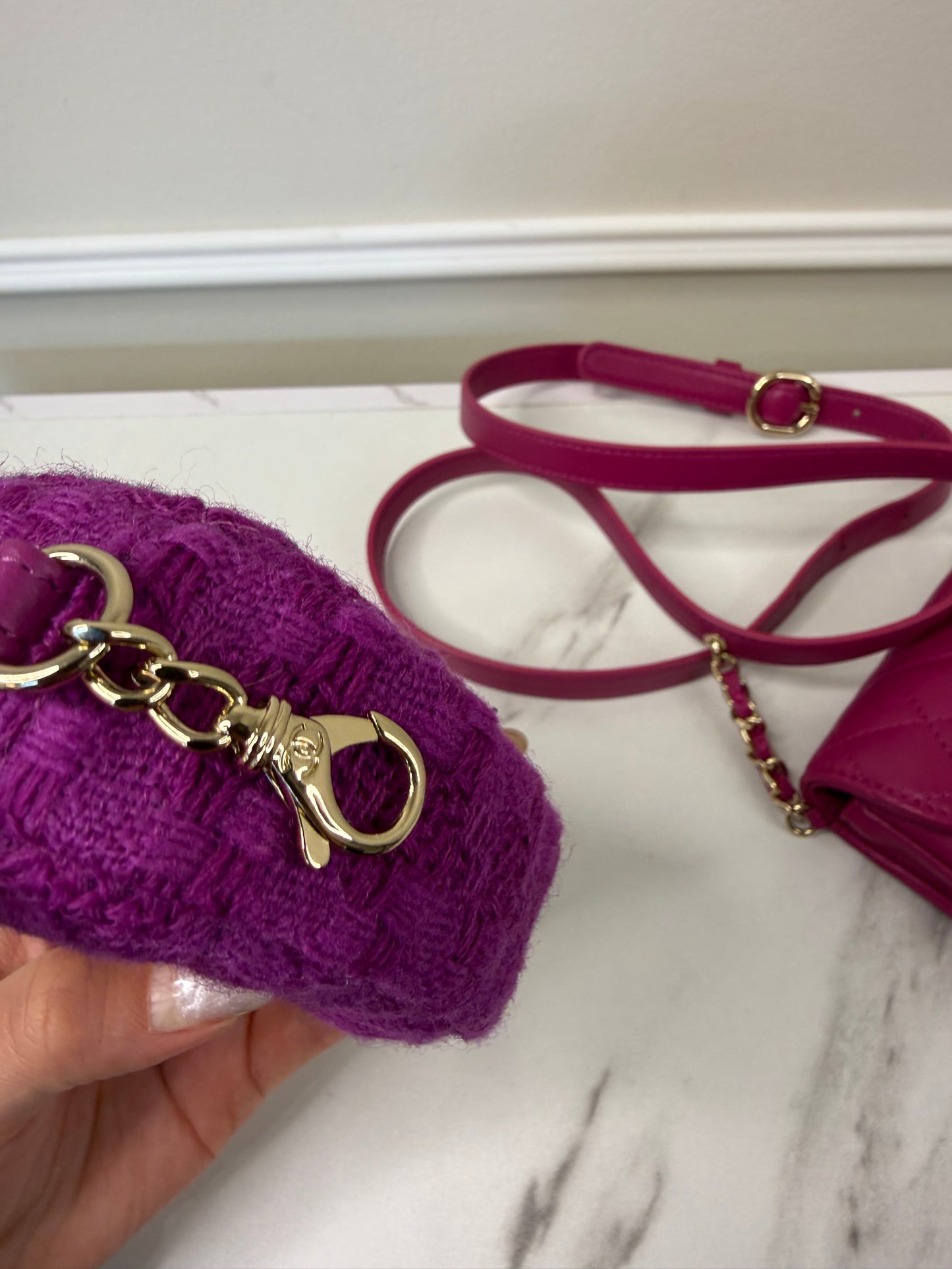 Chanel Magenta Quilted Lambskin and Tweed Mini Waist Bag and Coin Purse Set