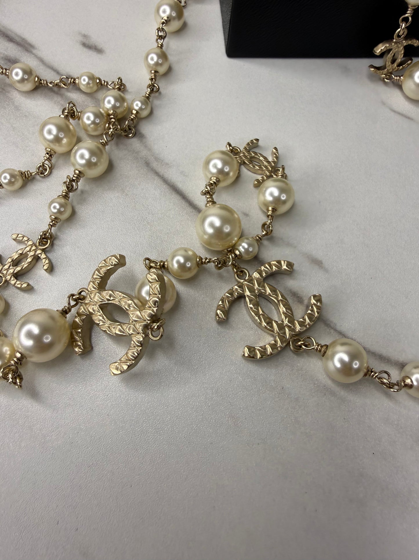 Chanel long pearl and crystal CC necklace