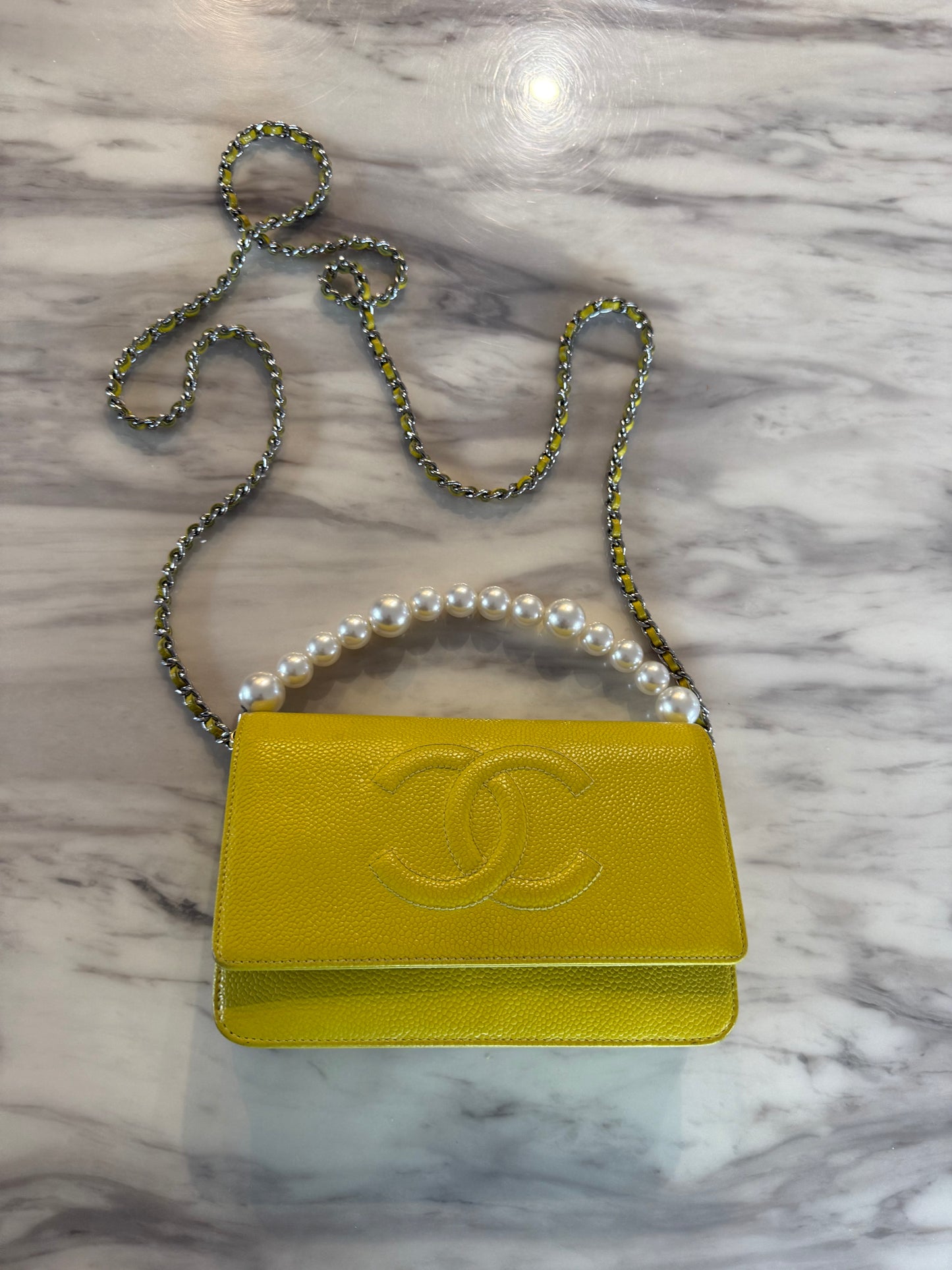 Yellow Caviar Leather Timeless CC Wallet on Chain (WOC) bag With silver hardware