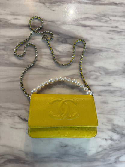 Yellow Caviar Leather Timeless CC Wallet on Chain (WOC) bag With silver hardware