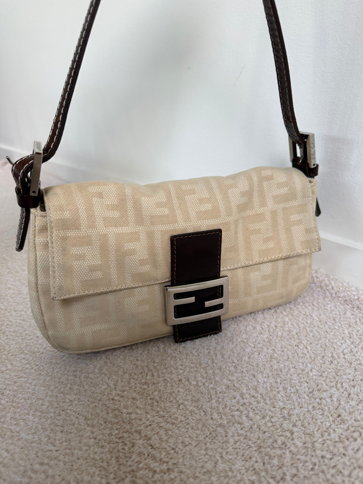 Fendi Baguette vintage beige Zucca canvas shoulder bag