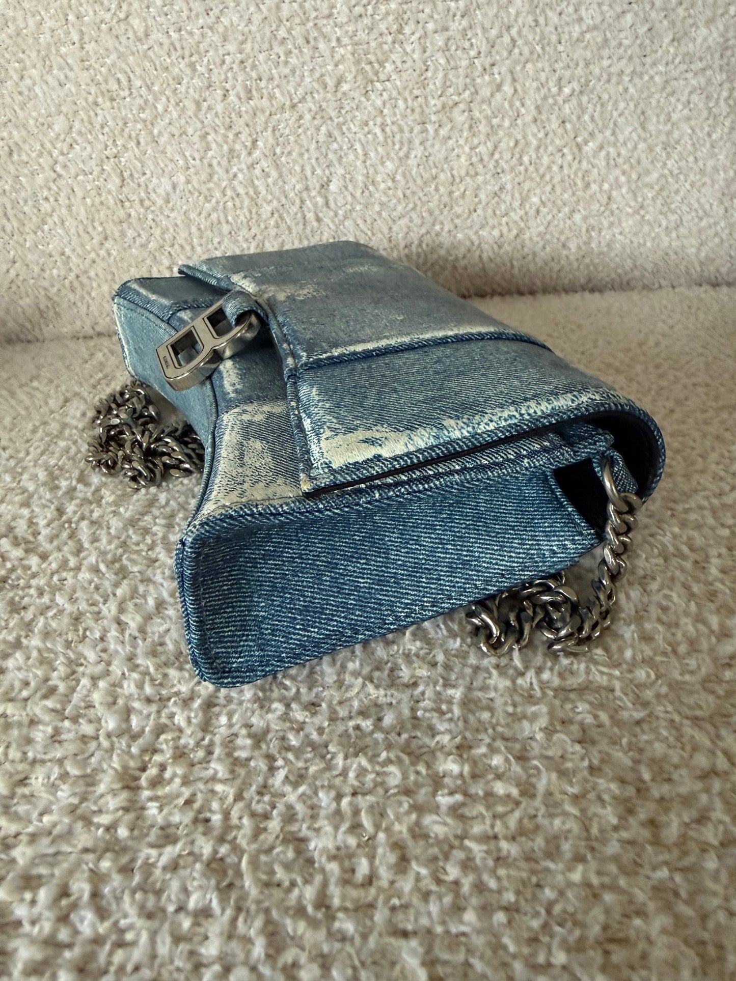 Balenciaga Hourglass Chain Wallet in blue denim printed leather bag