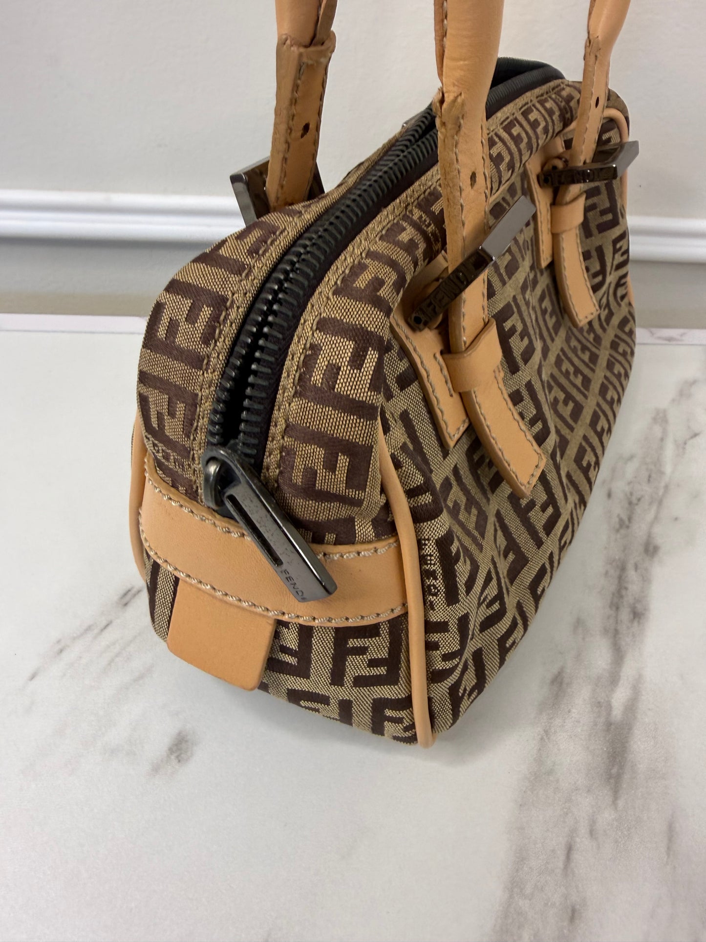 Fendi vintage Zucchino canvas and leather trim mini Boston bag