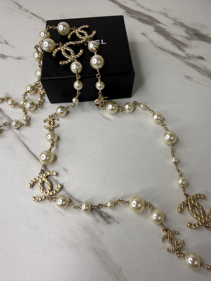 Chanel long pearl and crystal CC necklace