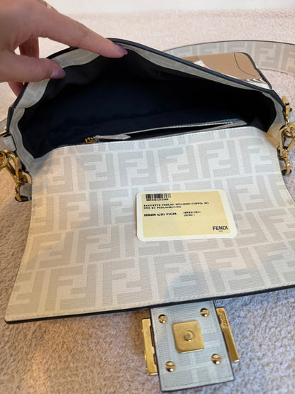 Fendi White FF Glazed Coated Canvas and Leather Baguette bag