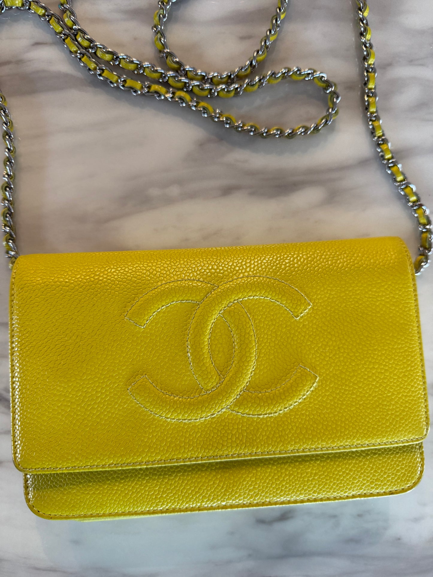 Yellow Caviar Leather Timeless CC Wallet on Chain (WOC) bag With silver hardware