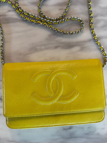 Yellow Caviar Leather Timeless CC Wallet on Chain (WOC) bag With silver hardware