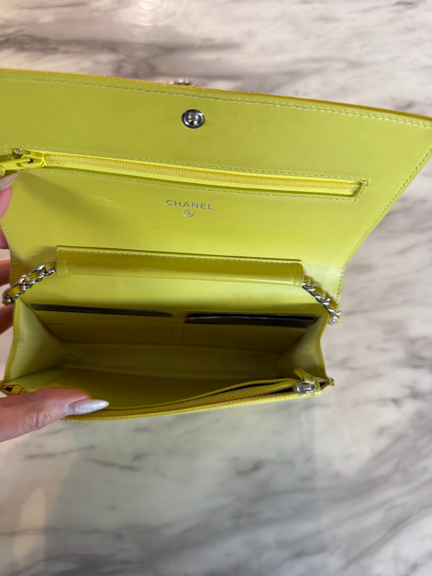 Yellow Caviar Leather Timeless CC Wallet on Chain (WOC) bag With silver hardware