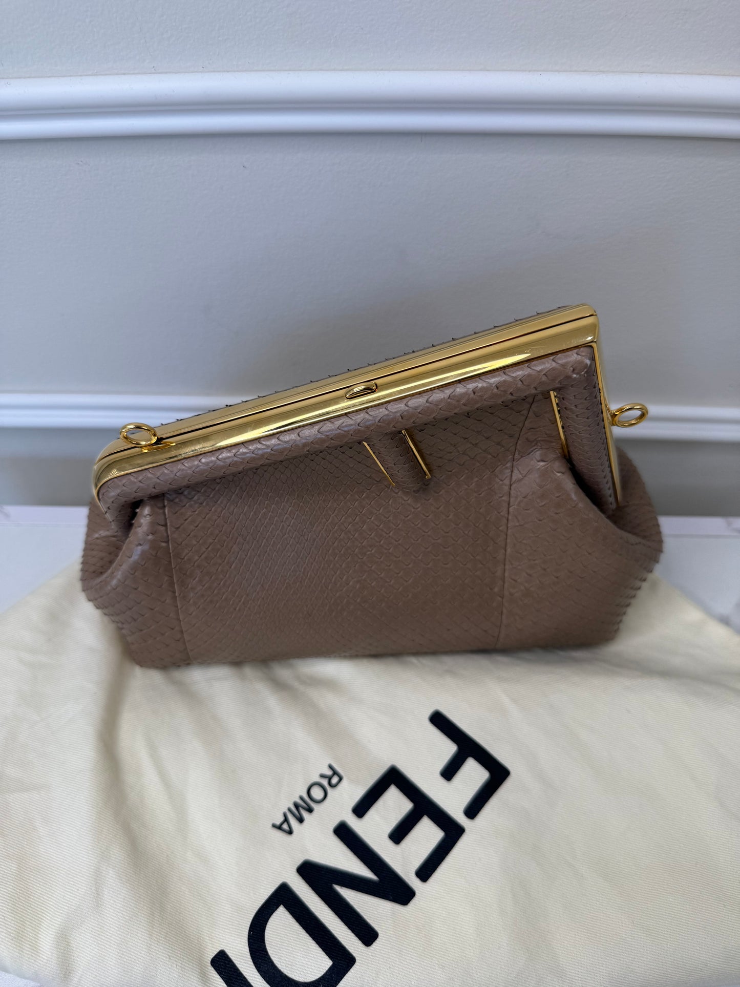 Fendi taupe python small clutch bag