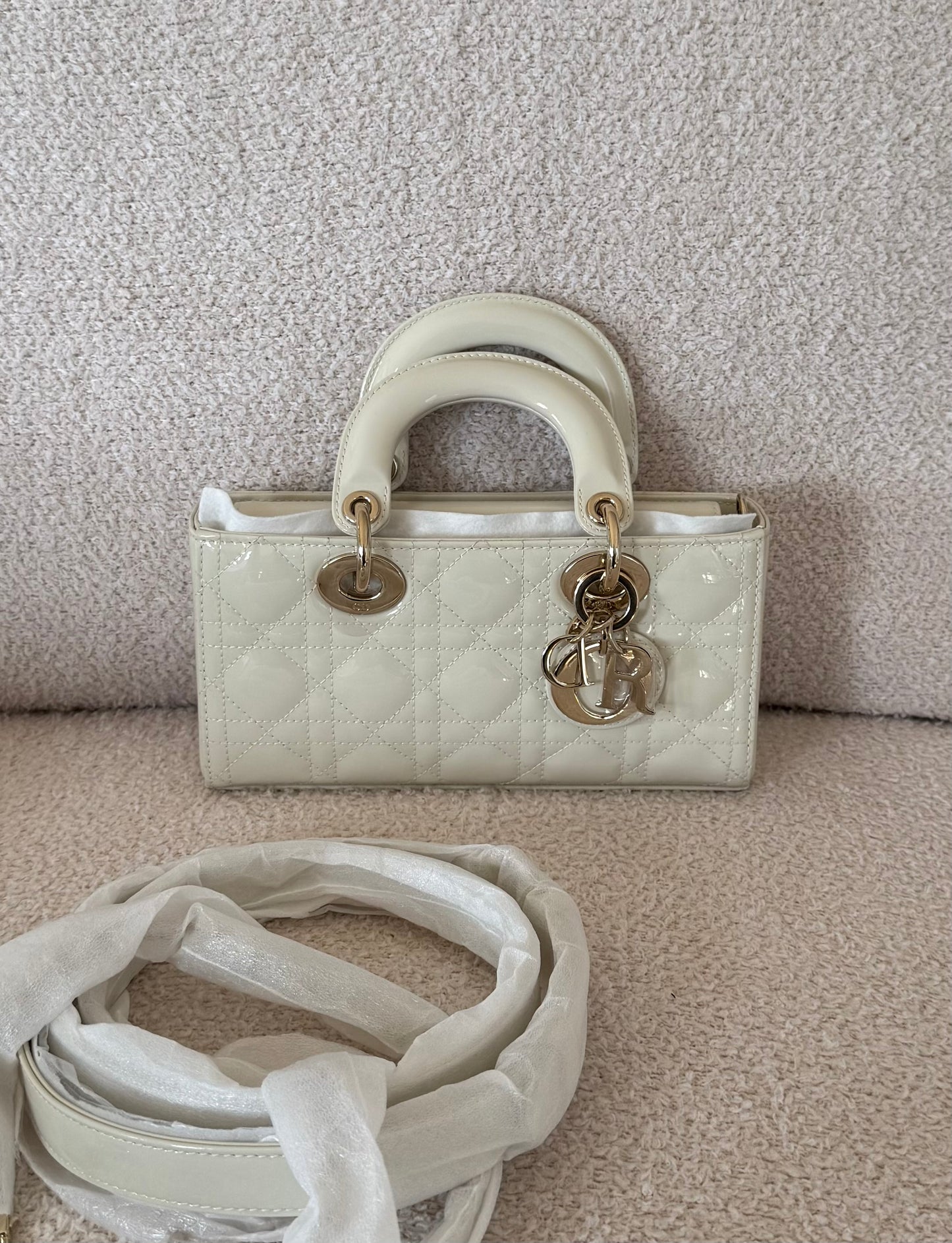 DIOR Small Lady D-Joy Bag in Latte Patent Cannage Calfskin