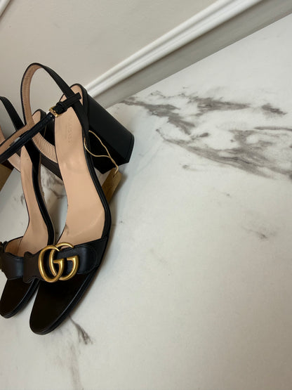Gucci black leather GG Marmont sandals with block heels size 39