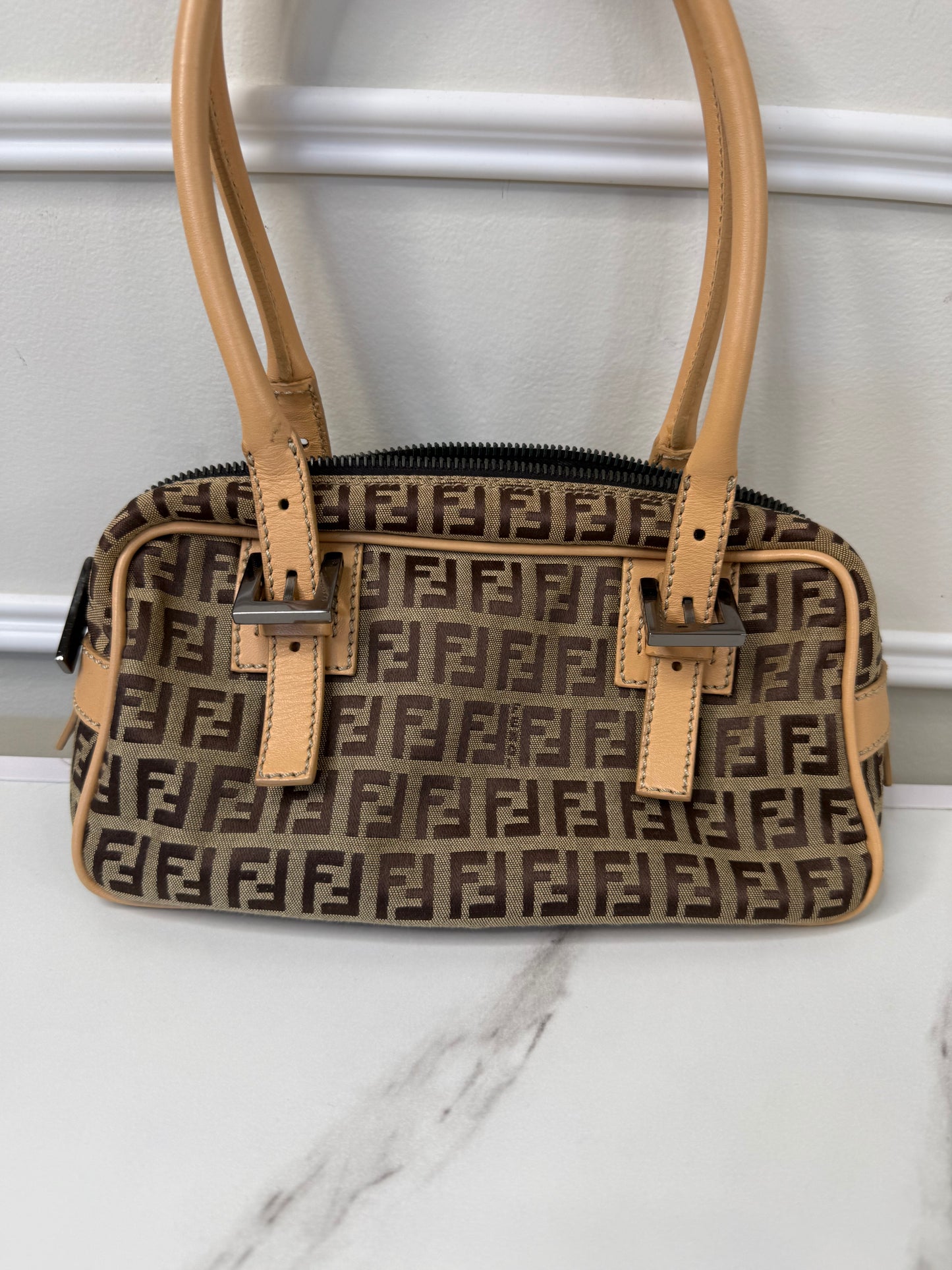 Fendi vintage Zucchino canvas and leather trim mini Boston bag