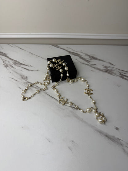 Chanel long pearl and crystal CC necklace