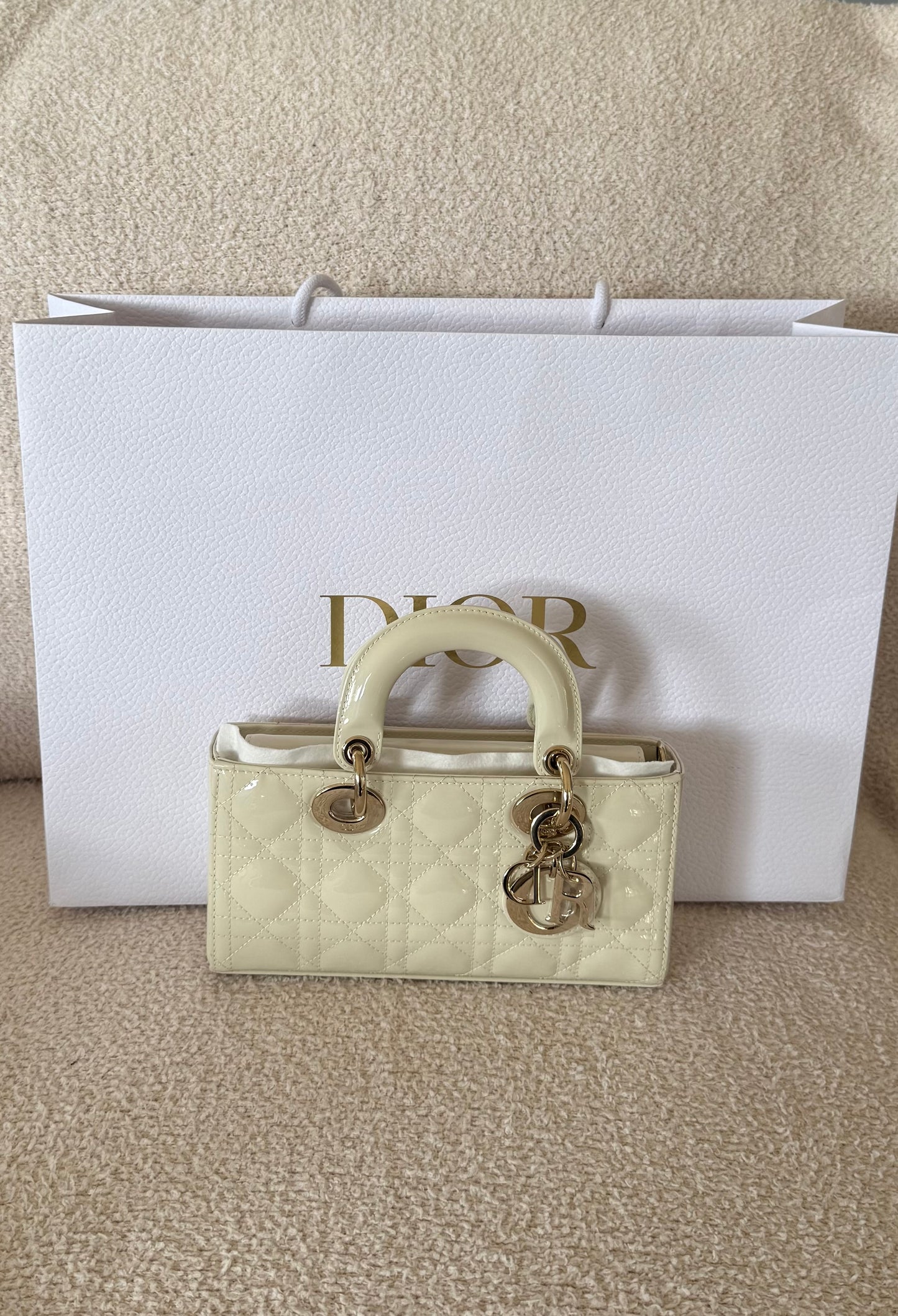 DIOR Small Lady D-Joy Bag in Latte Patent Cannage Calfskin