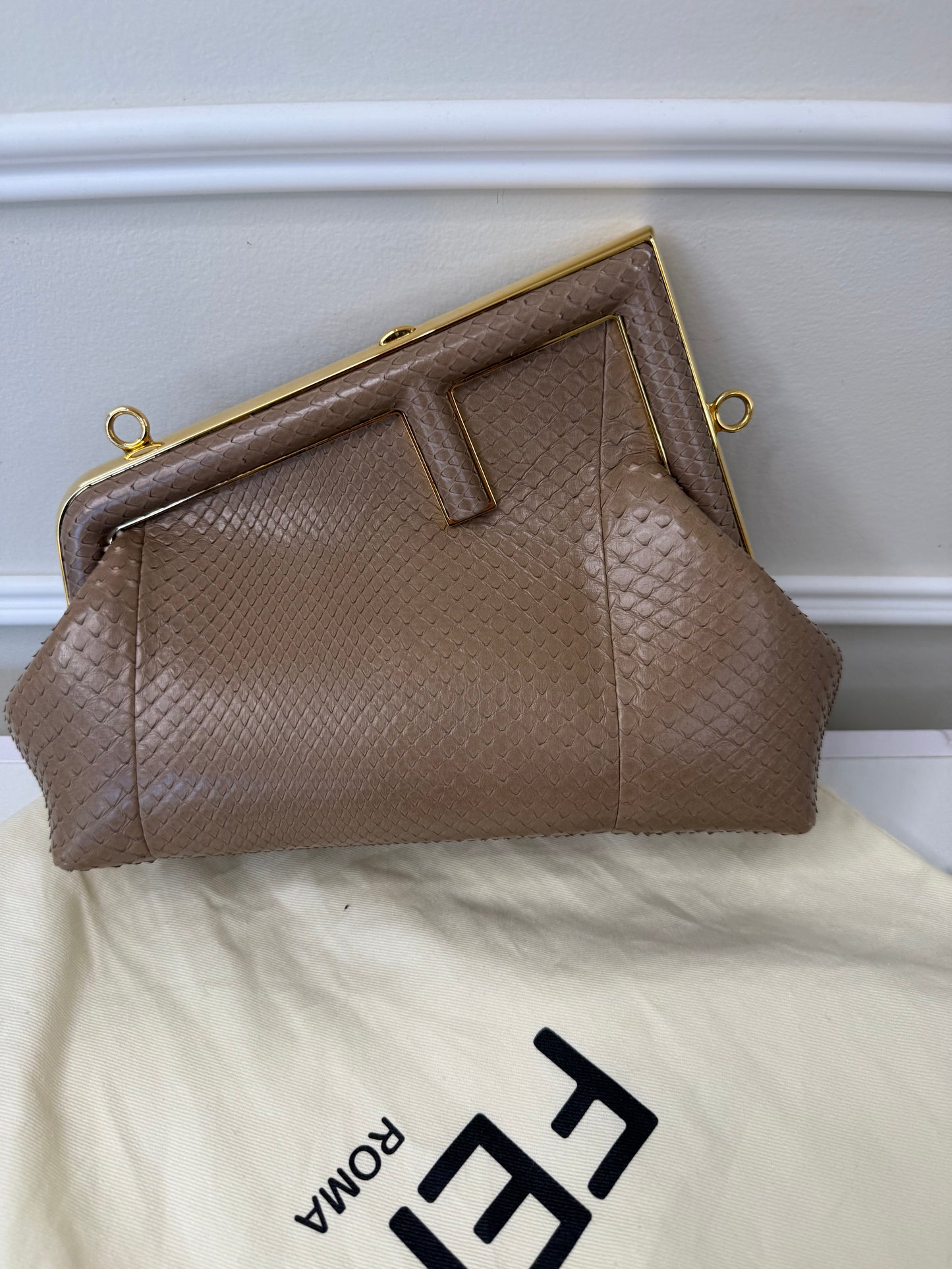 Fendi taupe python small clutch bag