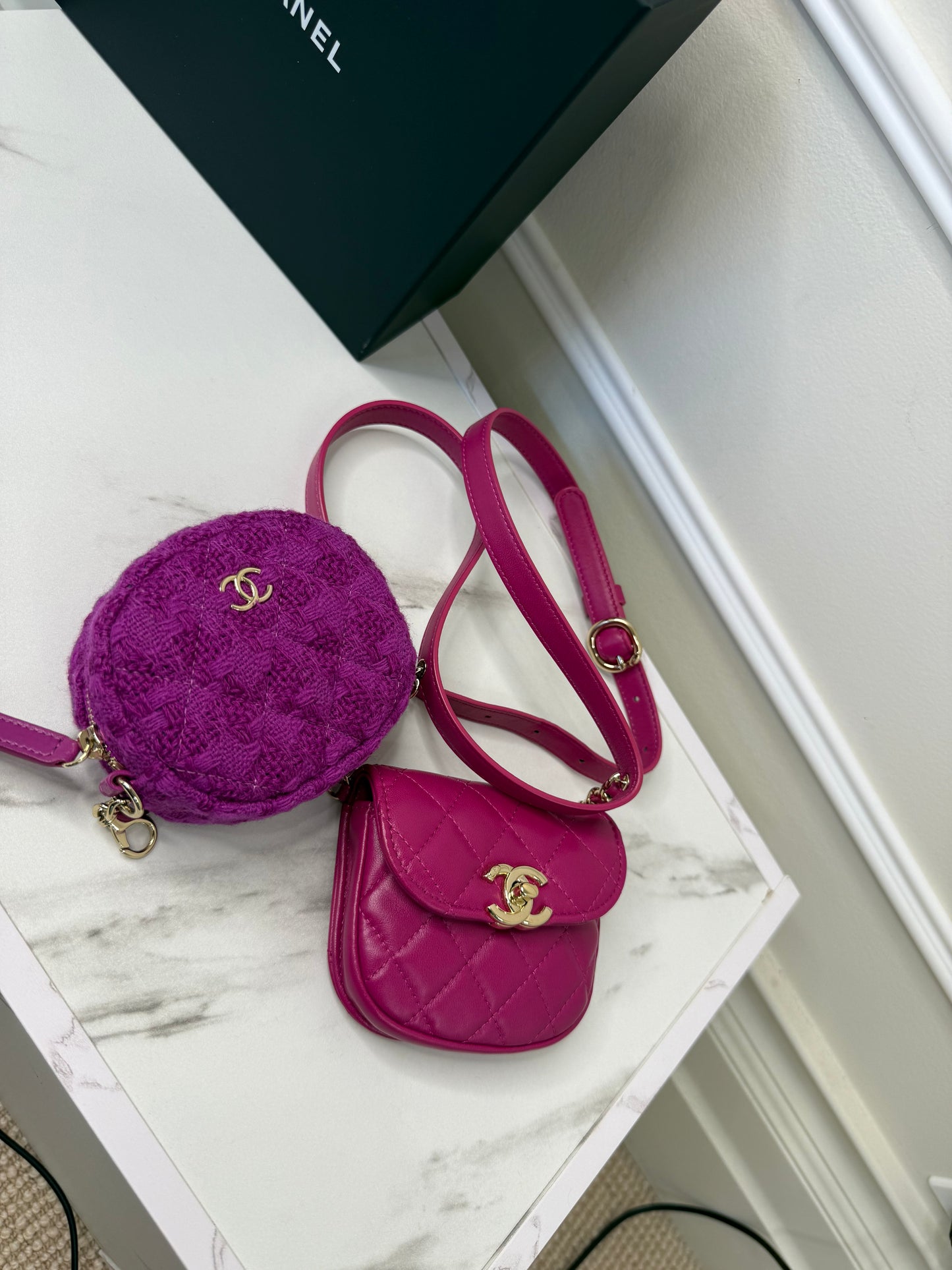 Chanel Magenta Quilted Lambskin and Tweed Mini Waist Bag and Coin Purse Set