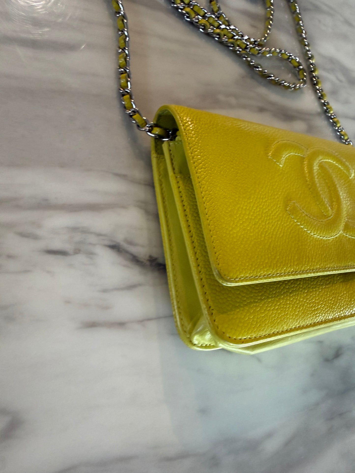Yellow Caviar Leather Timeless CC Wallet on Chain (WOC) bag With silver hardware