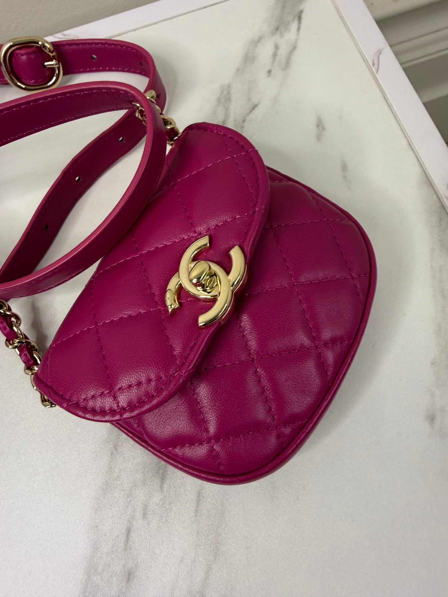 Chanel Magenta Quilted Lambskin and Tweed Mini Waist Bag and Coin Purse Set
