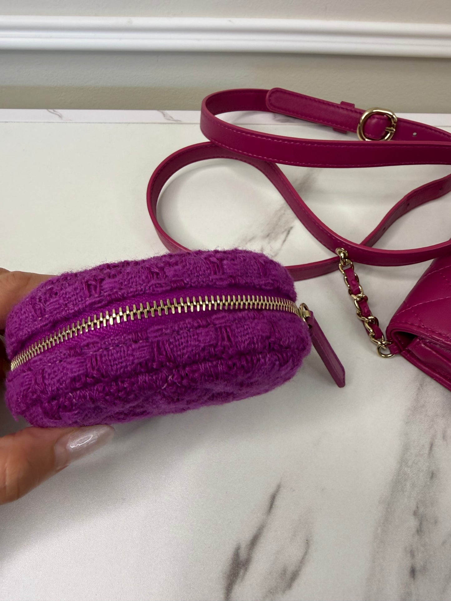 Chanel Magenta Quilted Lambskin and Tweed Mini Waist Bag and Coin Purse Set