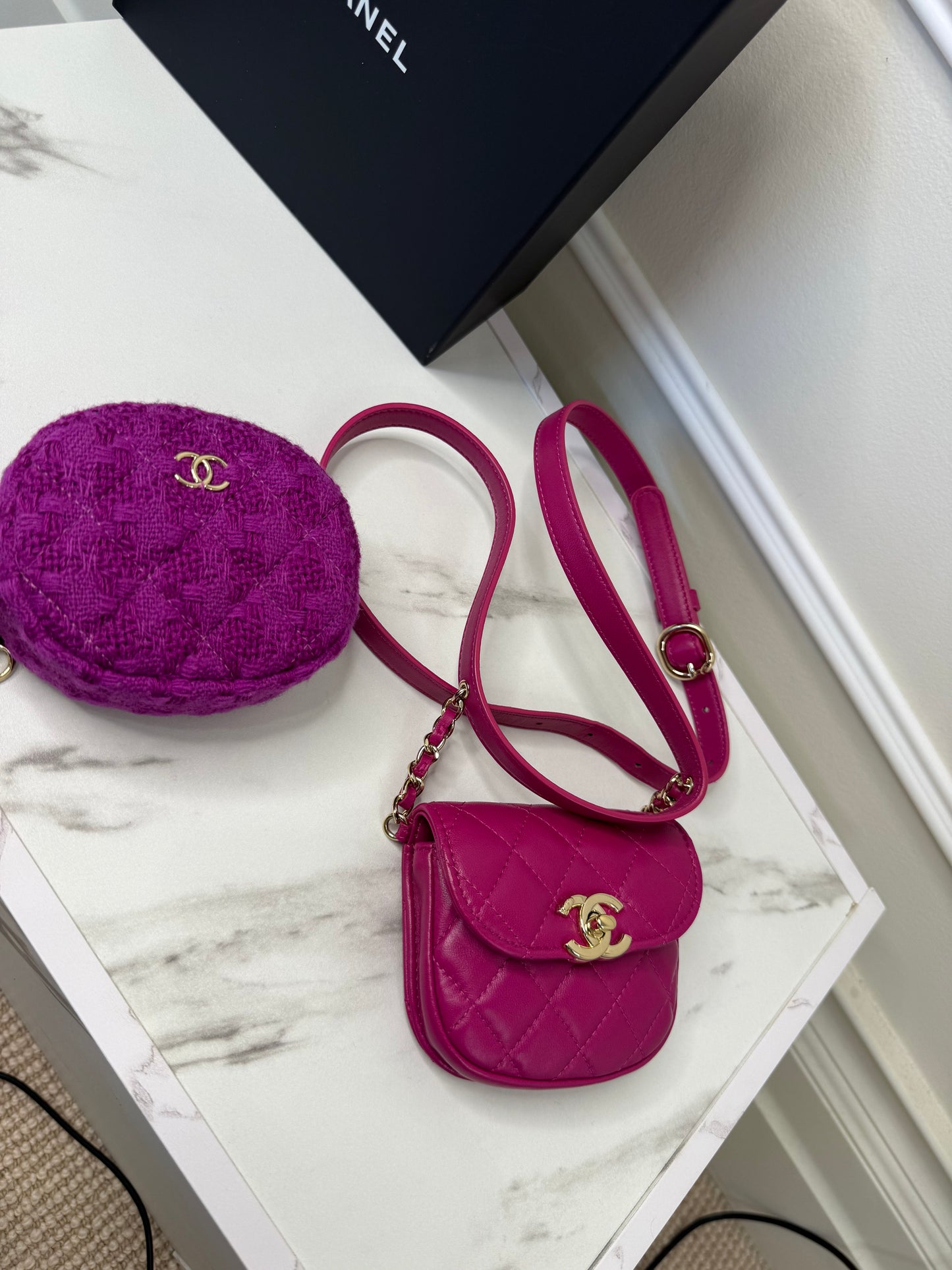 Chanel Magenta Quilted Lambskin and Tweed Mini Waist Bag and Coin Purse Set
