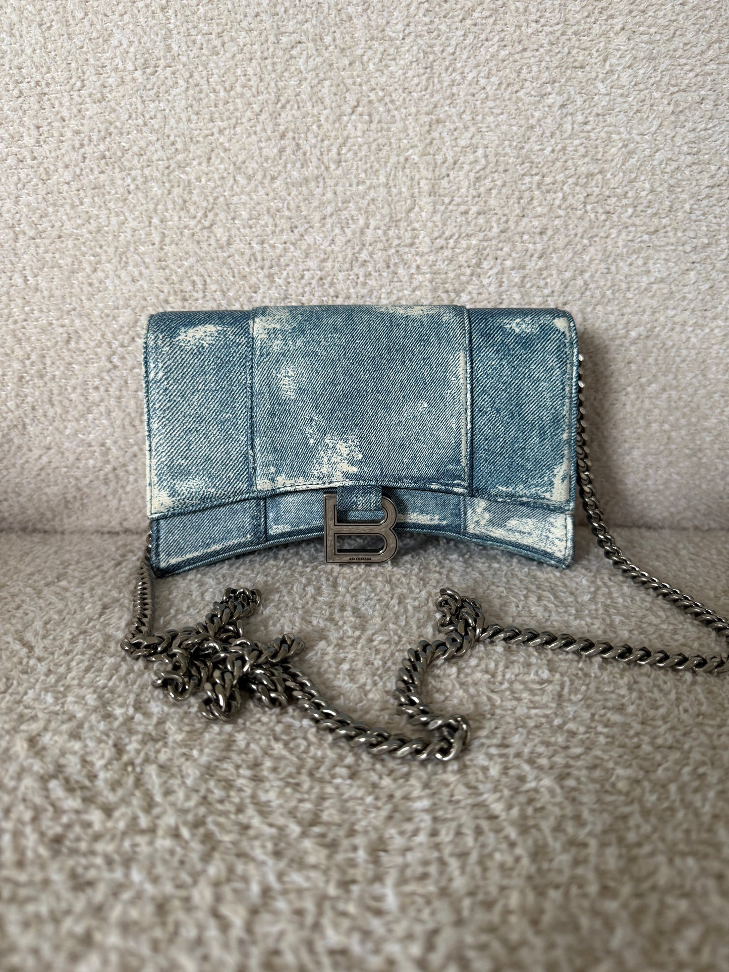 Balenciaga Hourglass Chain Wallet in blue denim printed leather bag