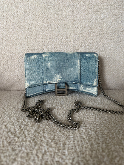 Balenciaga Hourglass Chain Wallet in blue denim printed leather bag