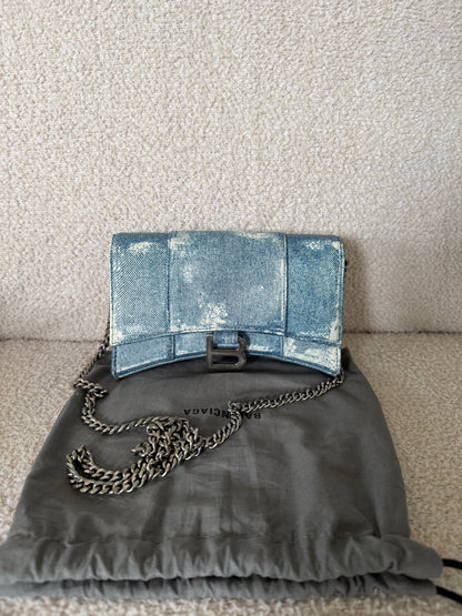 Balenciaga Hourglass Chain Wallet in blue denim printed leather bag