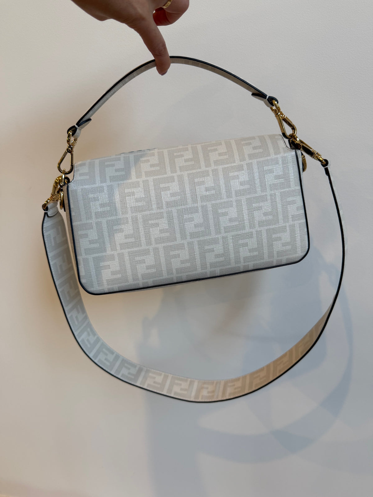Fendi White FF Glazed Coated Canvas and Leather Baguette bag