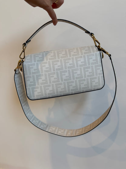 Fendi White FF Glazed Coated Canvas and Leather Baguette bag