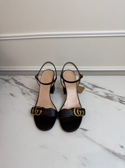 Gucci black leather GG Marmont sandals with block heels size 39