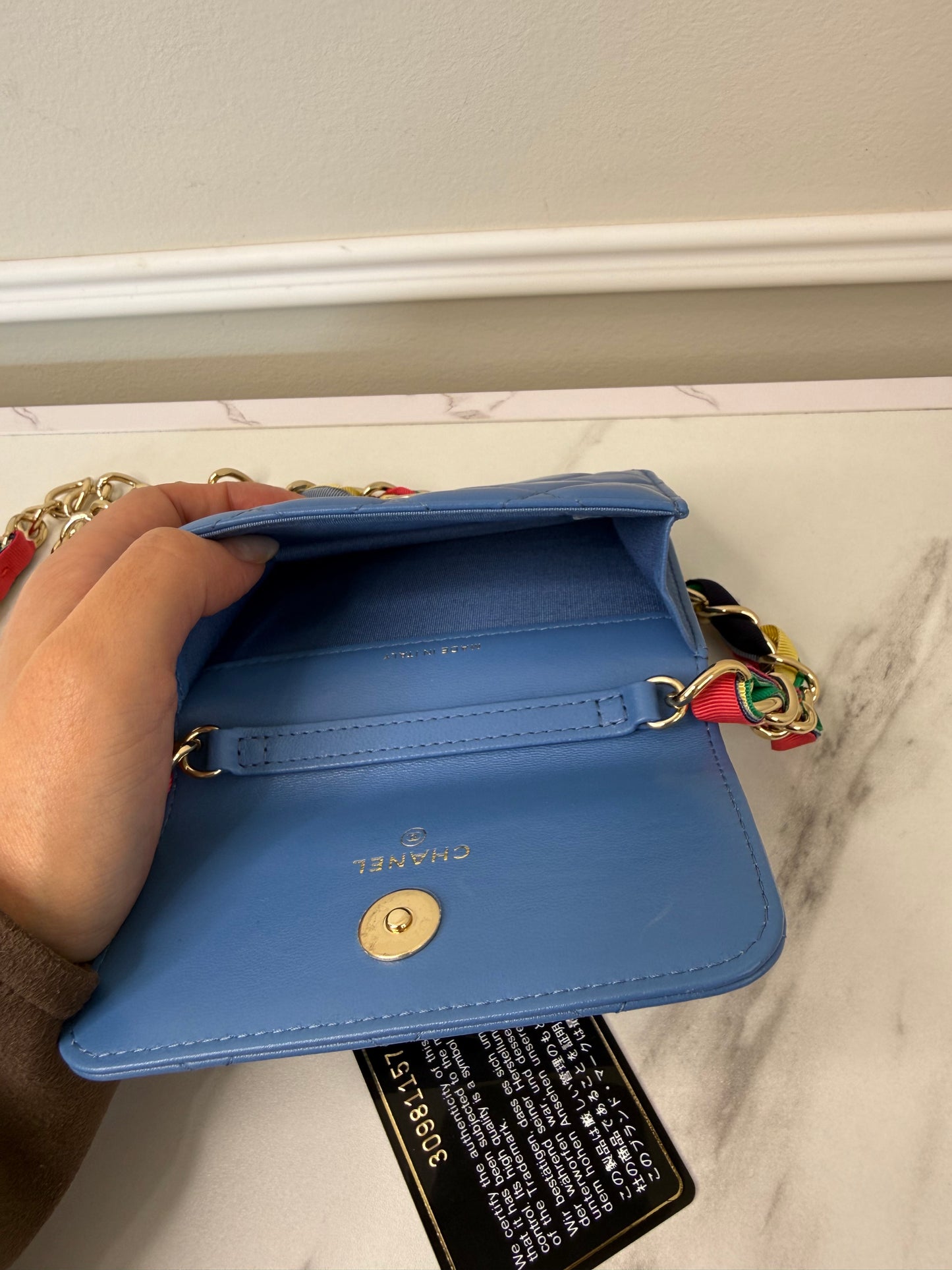 Chanel Lambskin Quilted Flap Card Holder On Chain