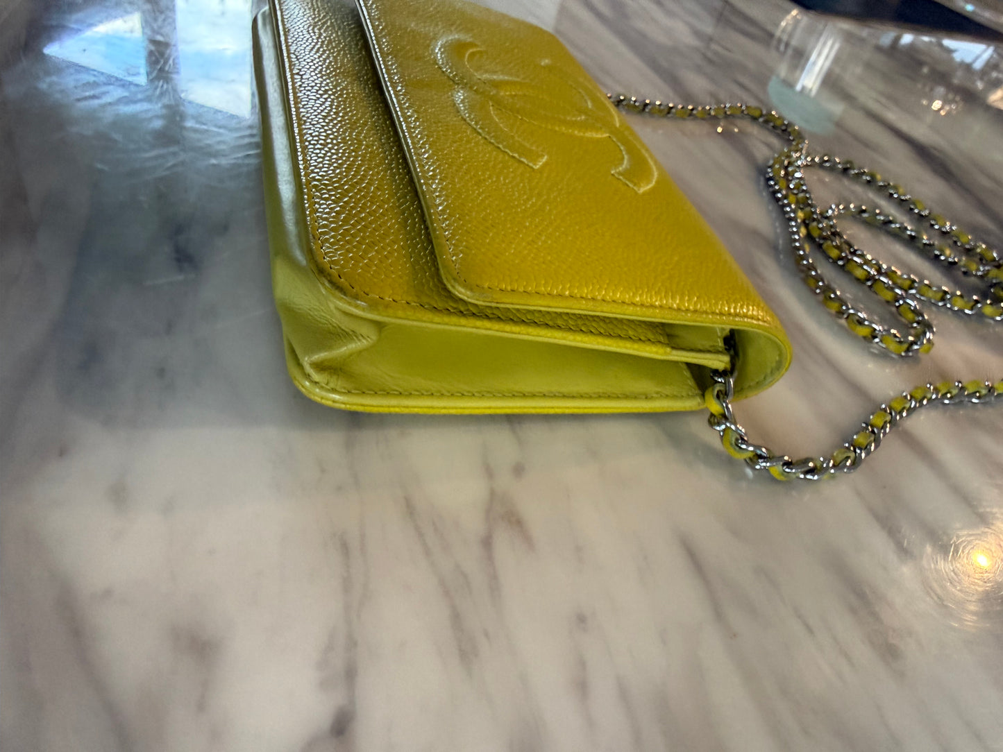 Yellow Caviar Leather Timeless CC Wallet on Chain (WOC) bag With silver hardware