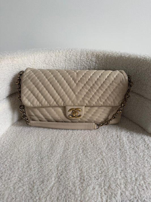 Chanel Beige Surpique Chevron Flap Bag