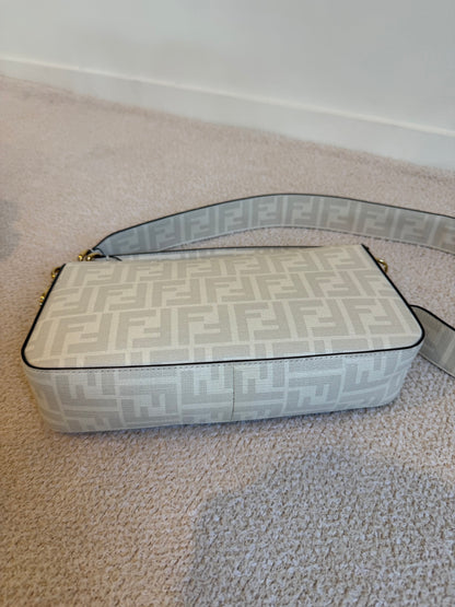 Fendi White FF Glazed Coated Canvas and Leather Baguette bag
