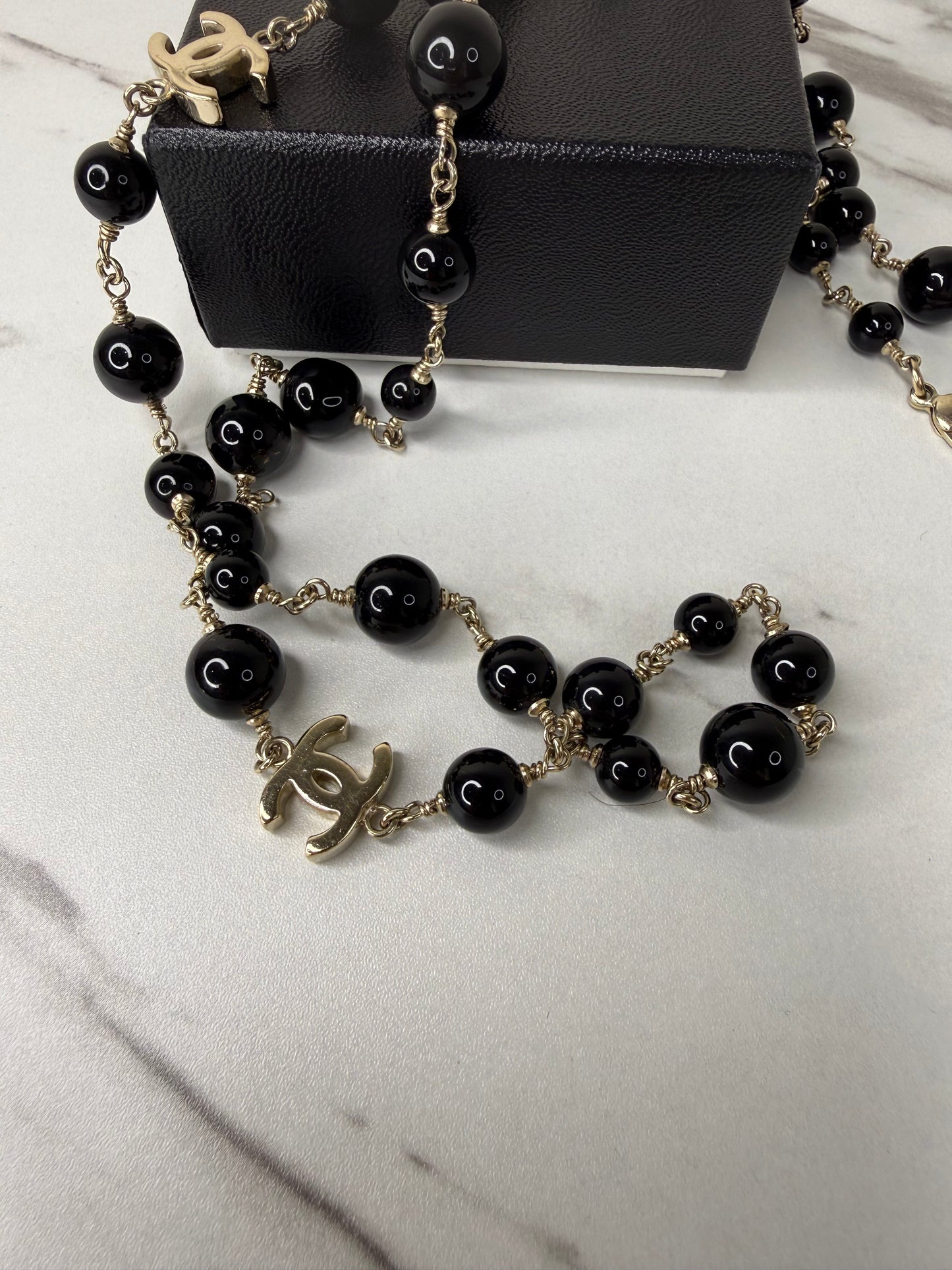 Chanel CC logo long necklaces GHW and black beads