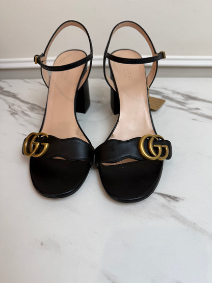Gucci black leather GG Marmont sandals with block heels size 39