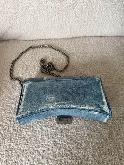 Balenciaga Hourglass Chain Wallet in blue denim printed leather bag