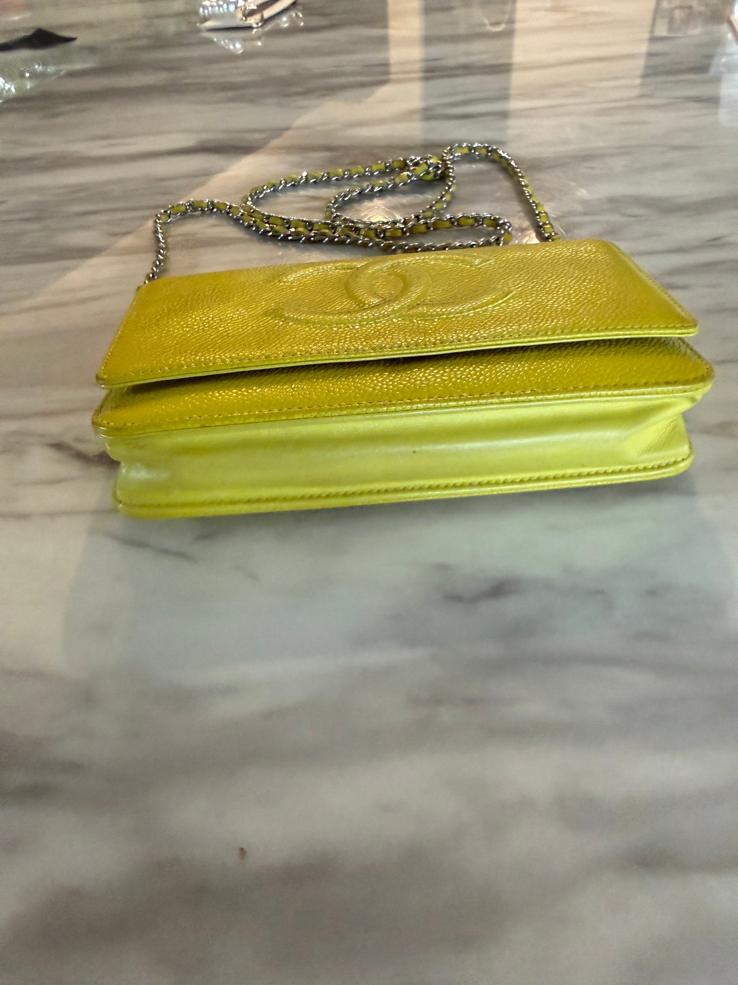 Yellow Caviar Leather Timeless CC Wallet on Chain (WOC) bag With silver hardware