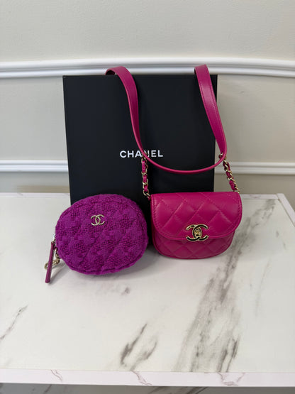 Chanel Magenta Quilted Lambskin and Tweed Mini Waist Bag and Coin Purse Set