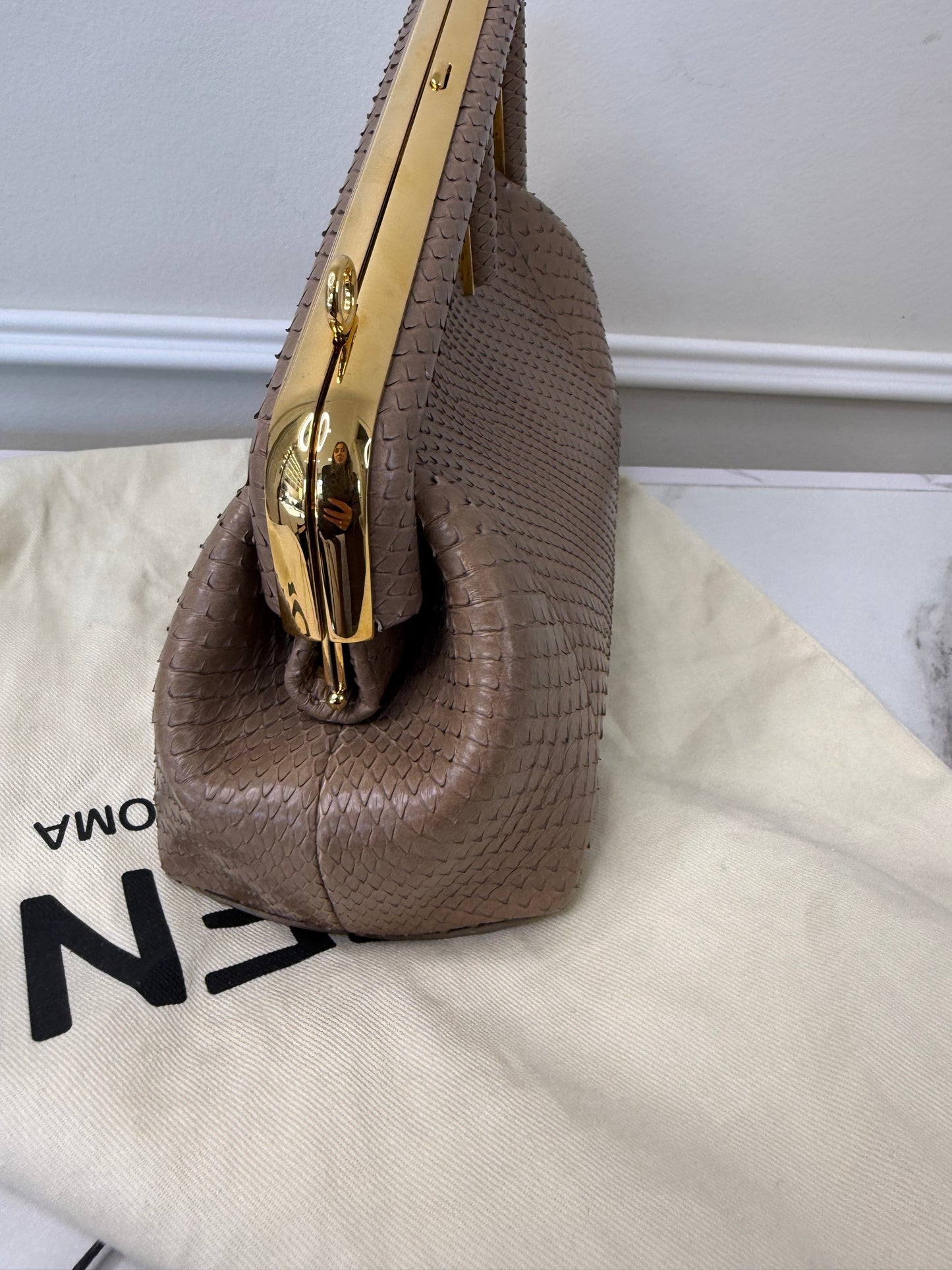 Fendi taupe python small clutch bag