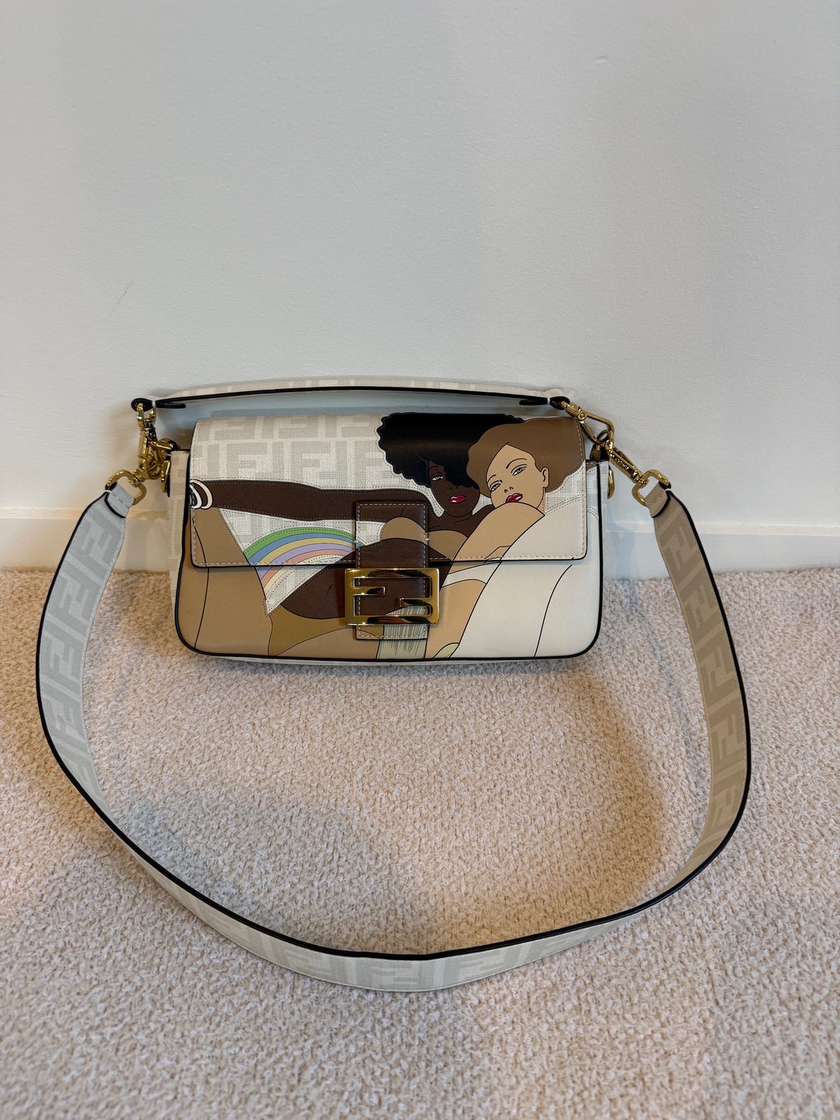 Fendi White FF Glazed Coated Canvas and Leather Baguette bag