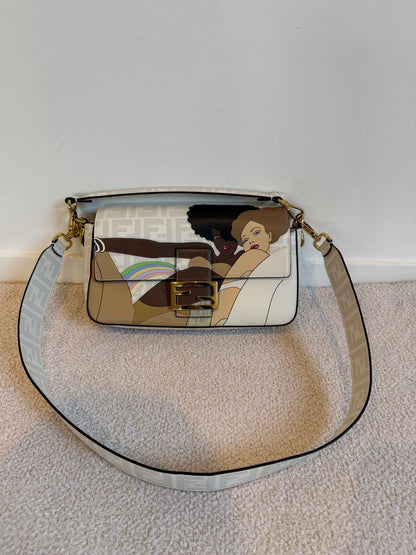 Fendi White FF Glazed Coated Canvas and Leather Baguette bag